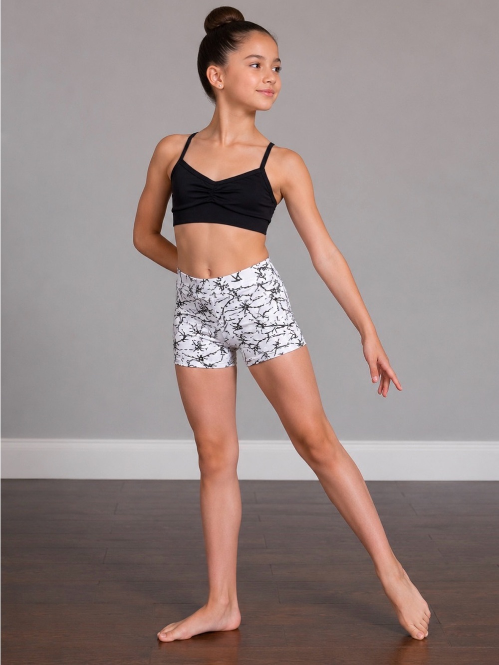 Motionwear Black Crop Top and White Marble Dance Shorts